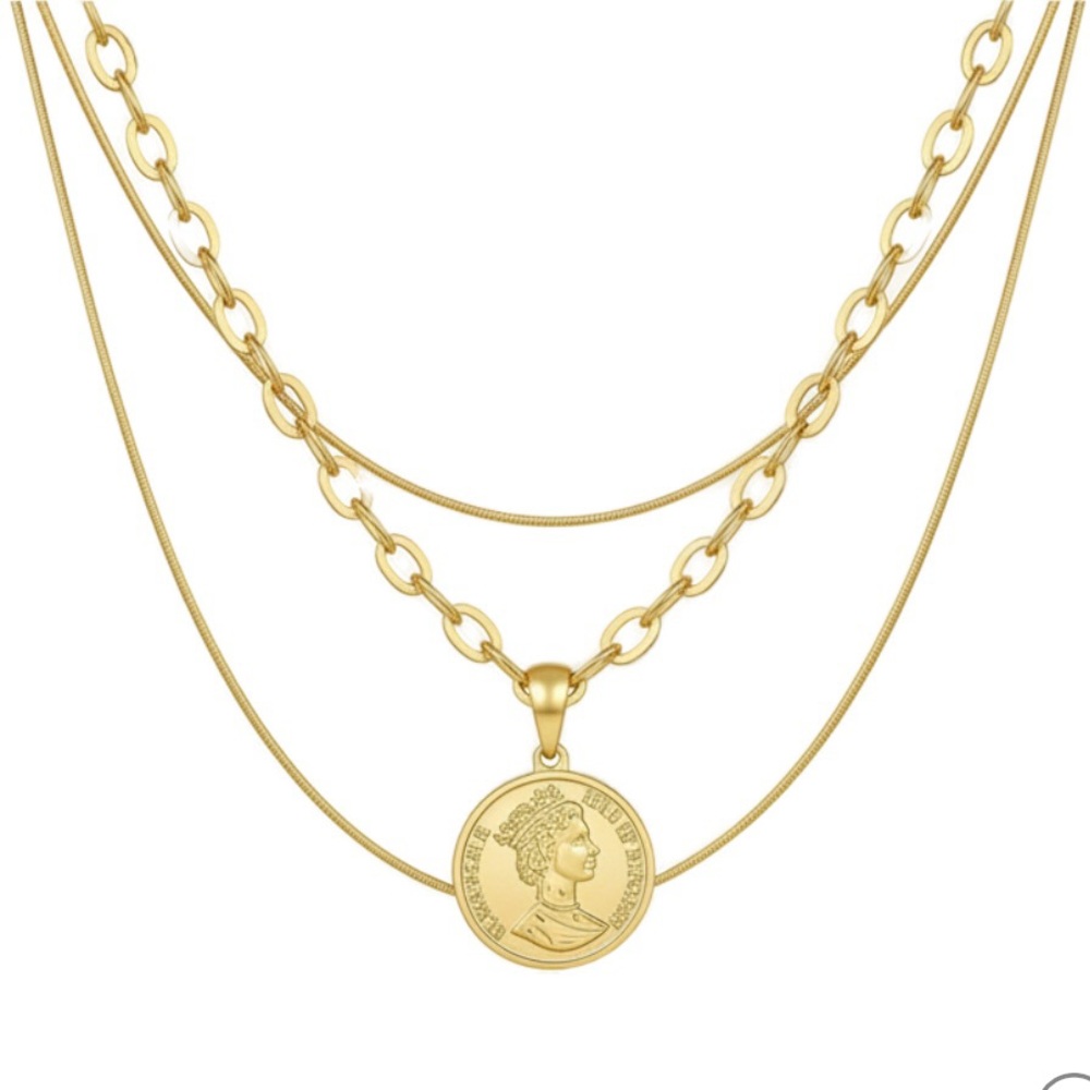 Layered Three Strand Coin Pendant Gold Filled Statement Necklace NWOT
